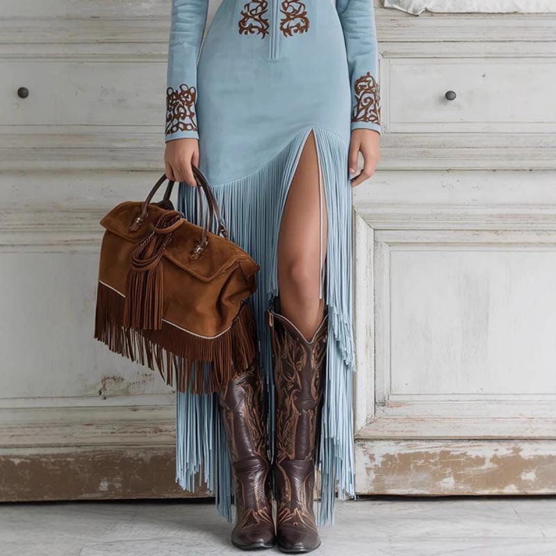 Abito da Donna alla Moda Suede Monocolore Stile Western con Frange Vestibilità Aderente Manica Lunga