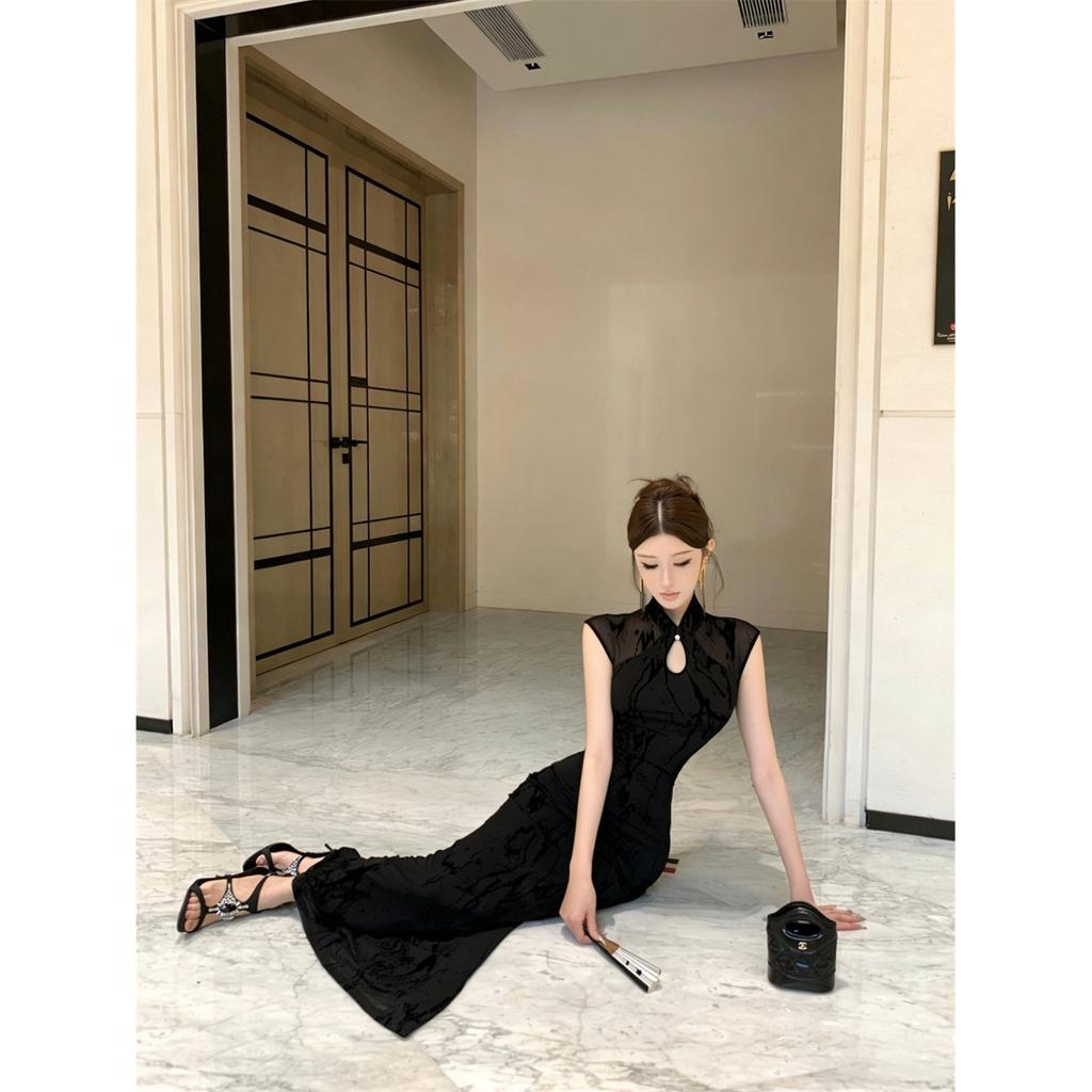 Sexy Wind Flocking Dress Women's Foot Bath Overalls Technician Long Dress 2026 New Temperament Slim Evening Dress