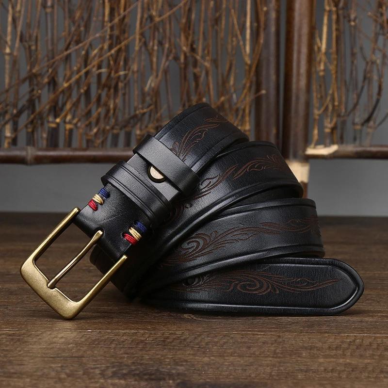 

3.5cm Width Men Belt Copper Pin Buckle Advanced Genuine Leather Belts Jeans Casual Original Cowhide Waistband Youth Handmade 125cm чорний