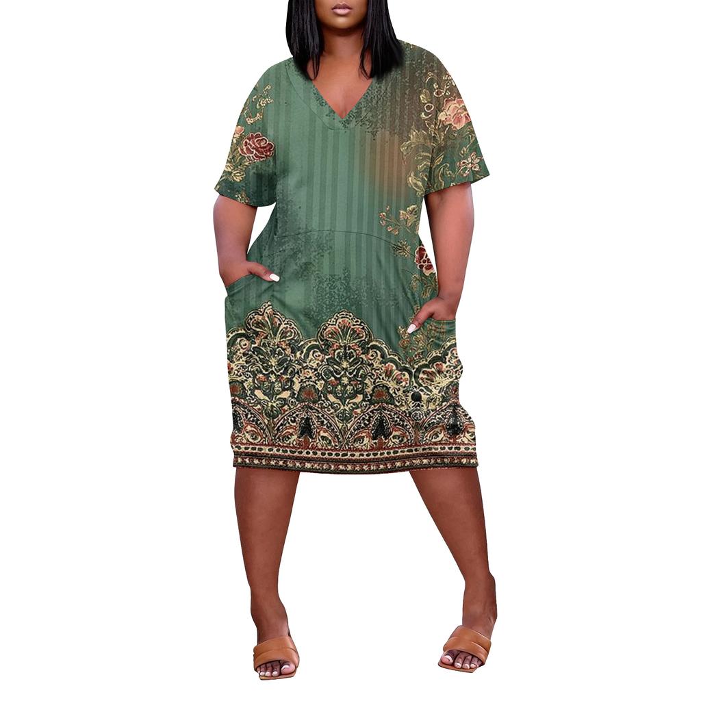 Summer Plus Size V Neck Short Sleeve Knee Pocket Print Casual Dress For Women