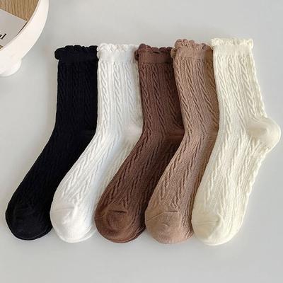 1Pair Women Solid Color Socks Mid-tube Black Brown Cotton Girl Socks Absorbent and Soft Comfortable Middle Tube Socks