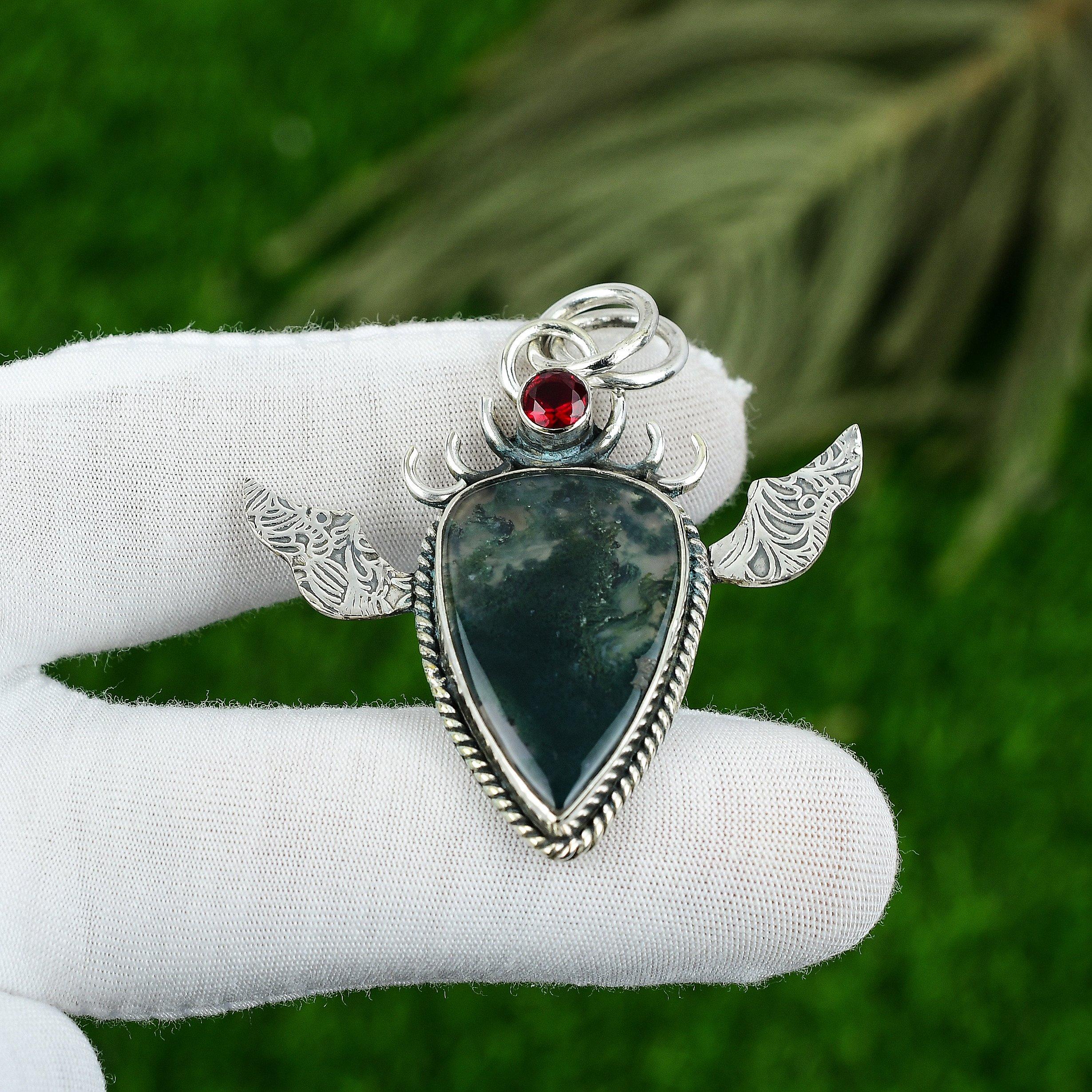 Solar Moss Agate Stone Mozambique Garnet 925 Sterling Silver New Pendant Jewelry