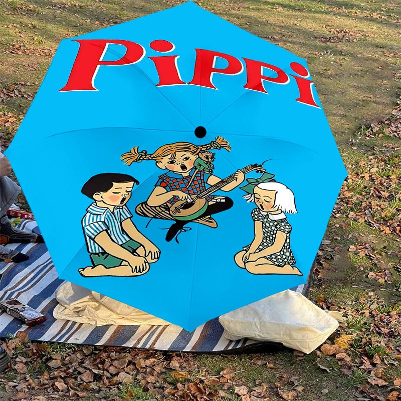 1 Stück Pippi Langstrumpf Regenschirm - 8 Speichen verstärkt, Automatisches Öffnen, Leicht & Langlebig, Niedliches Modeaccessoire für den Außenbereich, Strand oder Freizeit, Beac