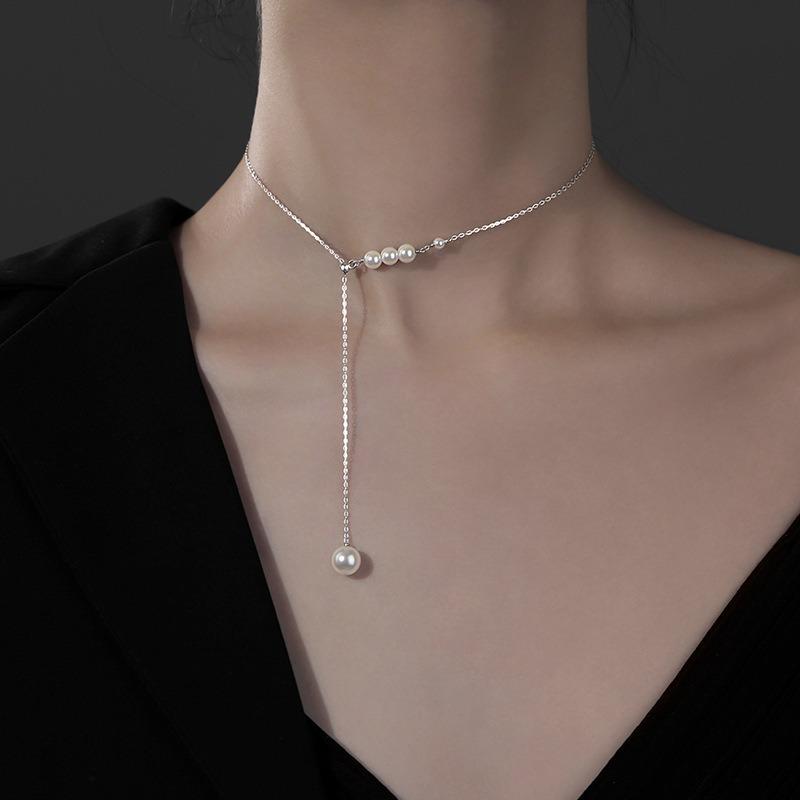 Silver Pearl Necklace Women Clavicle Chain Light Luxury Sweater Chain