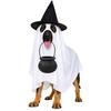 Dog Costume Set with Draped White Garment, Black Pointed Hat, Candy Bucket, and Structure Without Ties or Zippers