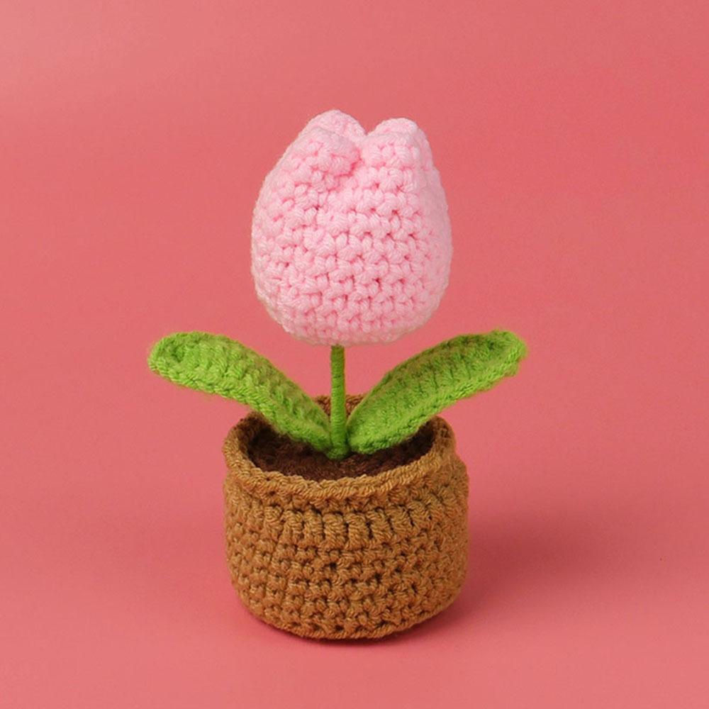 Tulip Crochet Flowers Pot Cute Knit Flower Creative Crochet Plant Pot Tulips Knitting Flower Car Table Home Decor