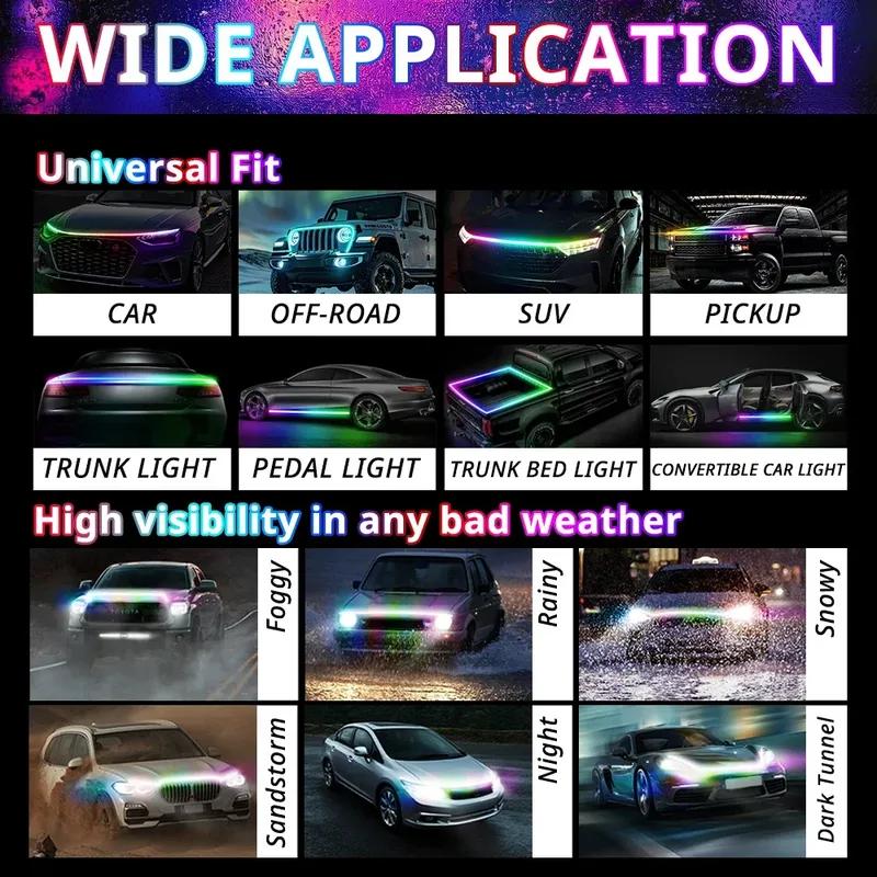 APP Control RGB Car Hood Light Strip Multi Color LED Engine Bay Accent Lighting Ambient Exterior Decoration Trunks SUVs Pickup