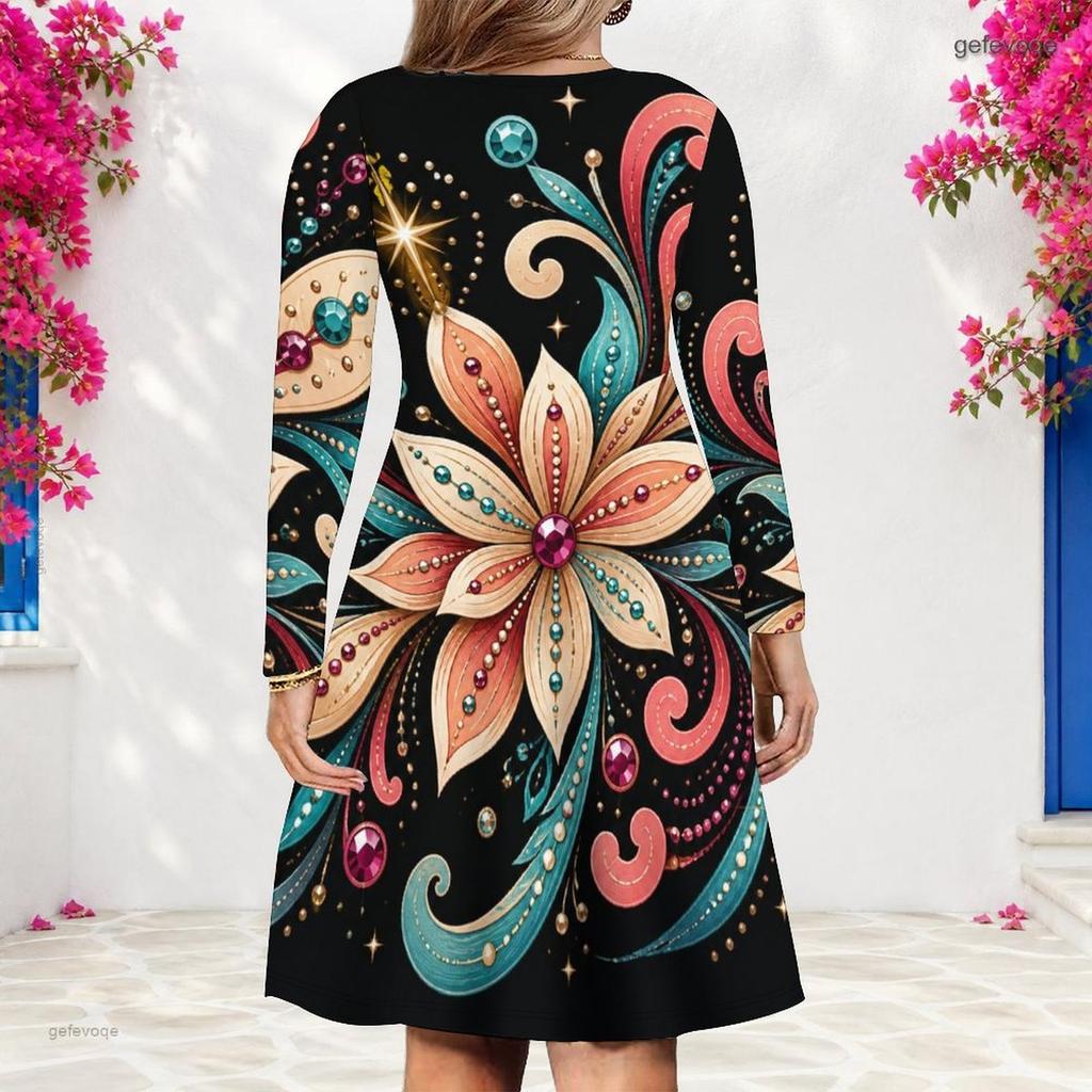 Women Plus Size V Neck Long Sleeve Printed Black Green Gold A Line Dress