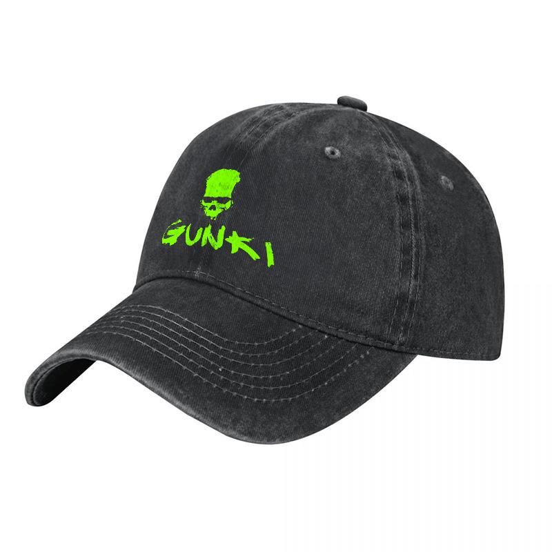Gunki Skull Logo Washed Cotton Baseball Cap Black With Neon Green Embroidery Classic Fit Adjustable Hat Streetwear Style