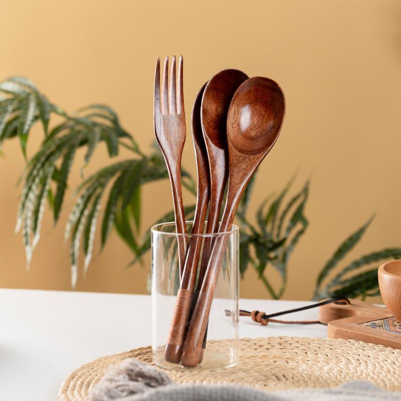 Japanese Portable Lunch Set: Cloth Bag with Wooden Spoon, Fork, and Chopsticks
