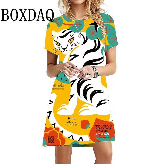 3D Digital Printing Dresses Women s Summer Short-sleeved O-neck Casual Loose Dress S
