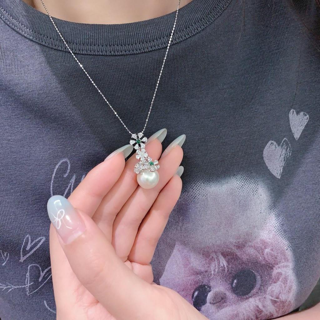 S925 Silver Flower Pendant with Jade and Zircon Inlay Bead 11-12mm