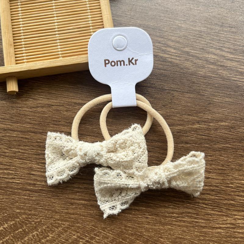 2pcs/set Beige Color Cute Lace Bow Hair Ties for Girls Fashionable Stretch Versatile Kids Ponytail Holders with Floral Lace Trim