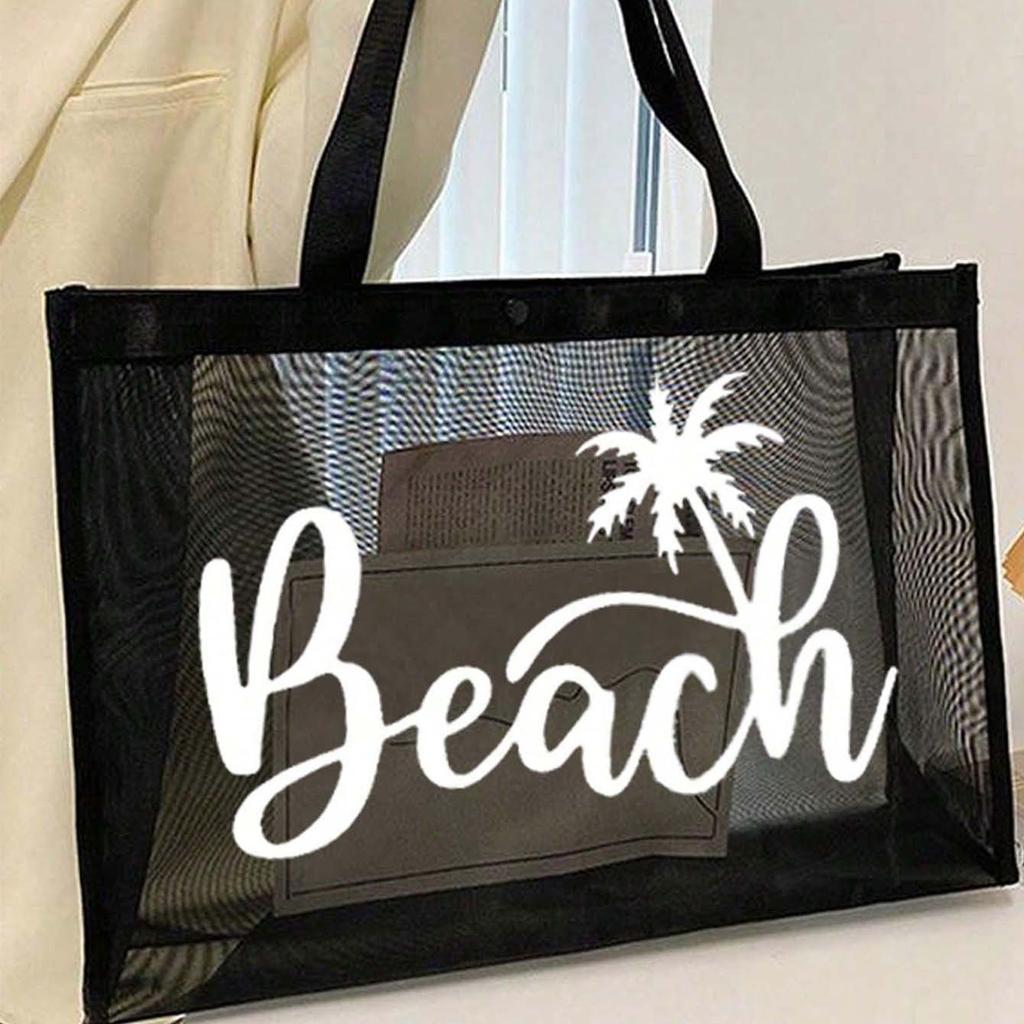 Mesh, Transparent Shopping Bag, Large Capacity, Zipper, Mesh, Single Shoulder, Women's, Beach Bag, Can Print Logo