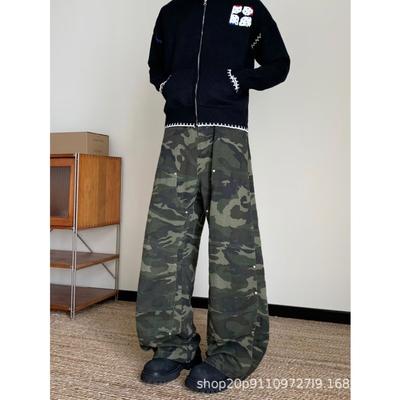 Autumn Retro Rivet Camouflage Tooling Jeans Men's and Women's Street Design Loose Wide-leg Scimitar Pants