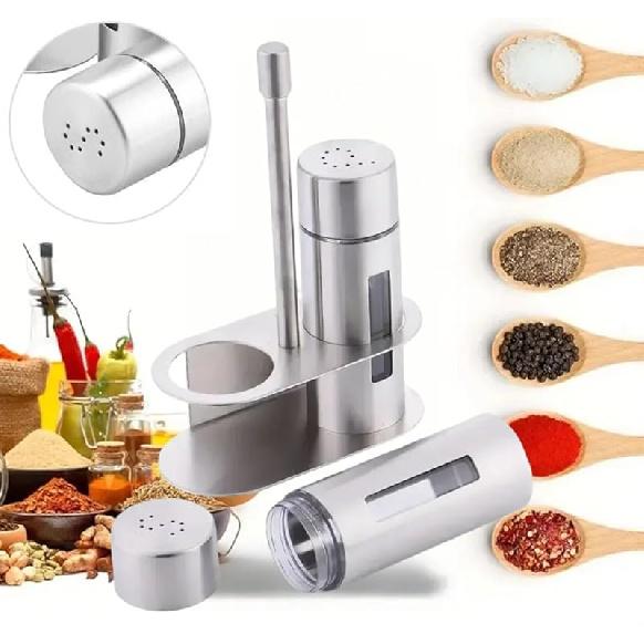 2PCS Stainless Steel Spice Dispenser Salt Pepper Shaker Vinegar Bottle Cruet Removable with Base Stand for Kitchen Countertop (S) S