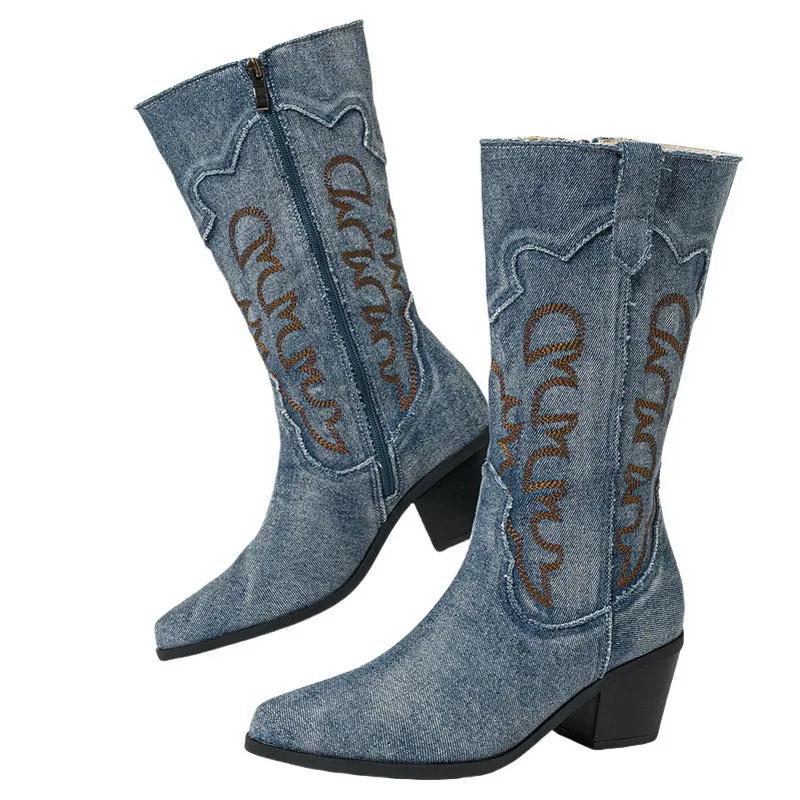 

Женские вышитые джинсовые ковбойские сапоги, увеличивающие рост, квадратный каблук, сапоги до середины икры для офиса, ночного клуба, вечерней вечеринки, банкета 35 темно-синий