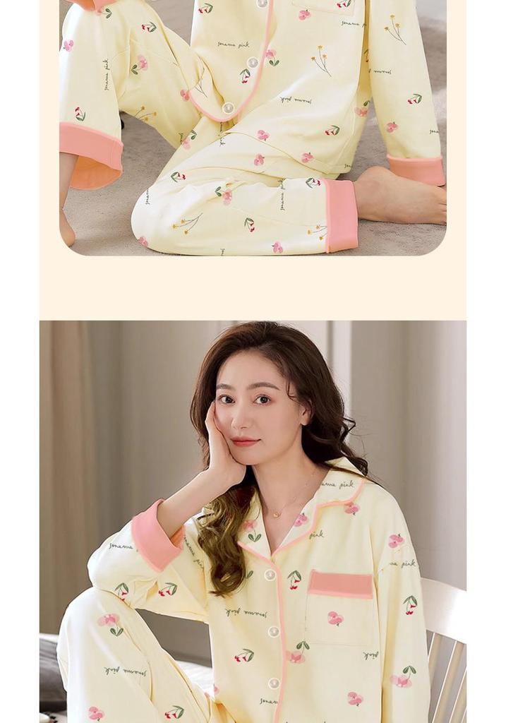 French Floral Faux Cotton Women's Pajama Set - Spring/Autumn Long Sleeve & Pants, Loose Cardigan Style for Middle-aged Women.