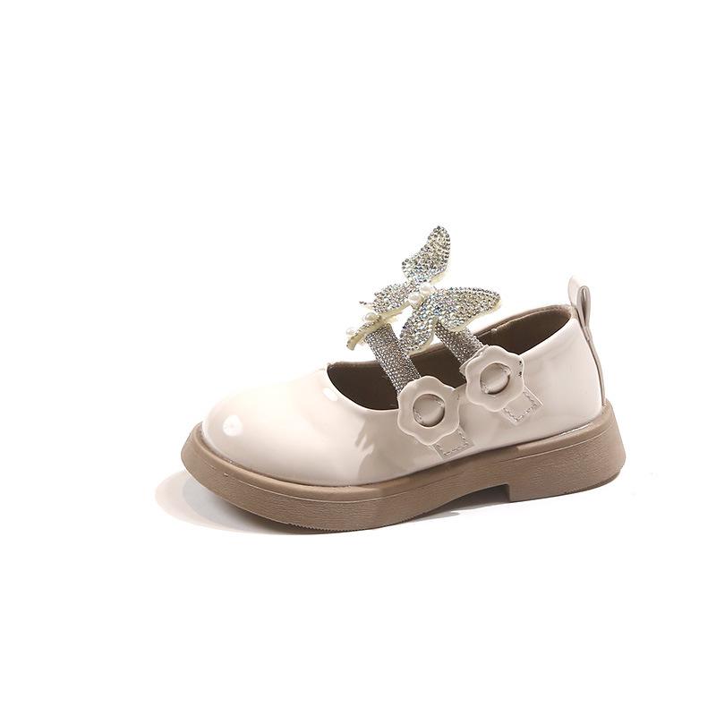 Sweet Princess Kids Leather Shoes Butterfly Rhinestones Cute Round-toe Children Fashion Girls Loafers Versatile Soft Breatheable