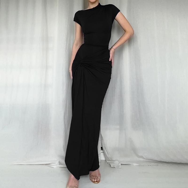 Knitted Crew Neck Sexy Split Slim Dress Women's 2026 Summer New Fashion Black Long Dress