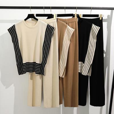2 Pcs/Set Women Loose Patchwork Sleeveless Set Round Neck Top Pants Knitted Striped Contrast Color