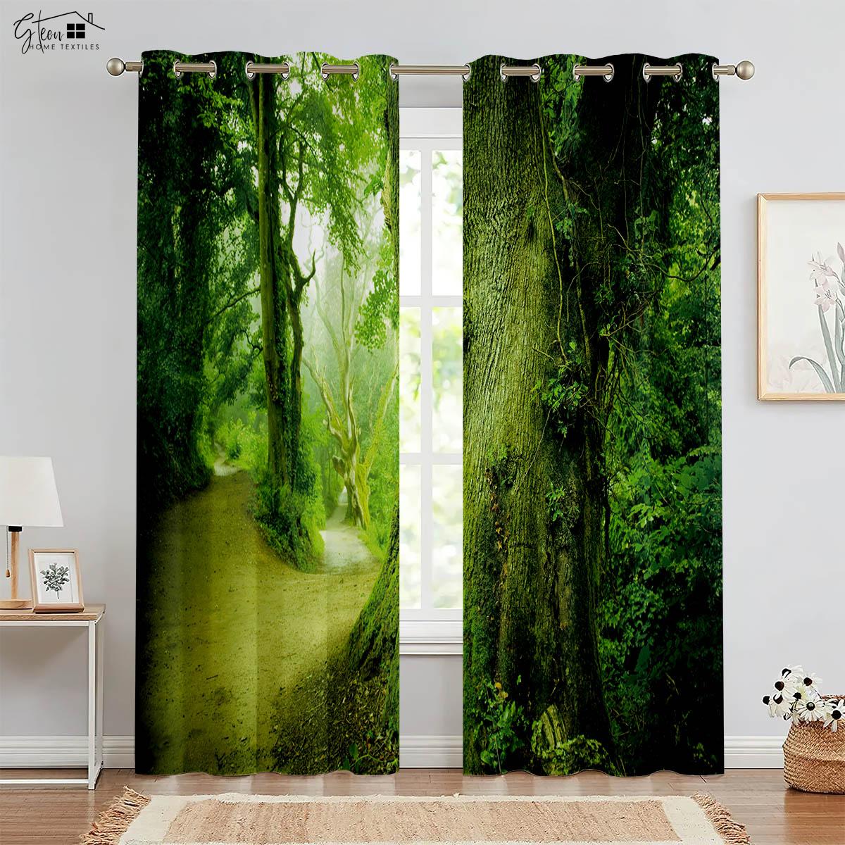 Waldhölzer 3D-gedruckte Vorhänge Landschaft grüner Sonnenschein Ahornblatt Natur Vitalität B&B Hotel Schlafzimmer Wohnzimmer Vorhänge W50xH130(CM)x2PCS&Grommet Top