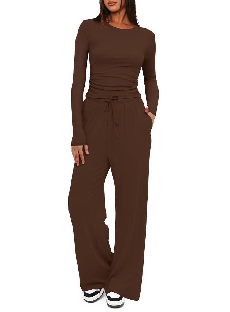 2026 Spring New Athletic Set Women Casual Long Sleeve Top High Waist Wide Leg Pants 2 Piece Outfit