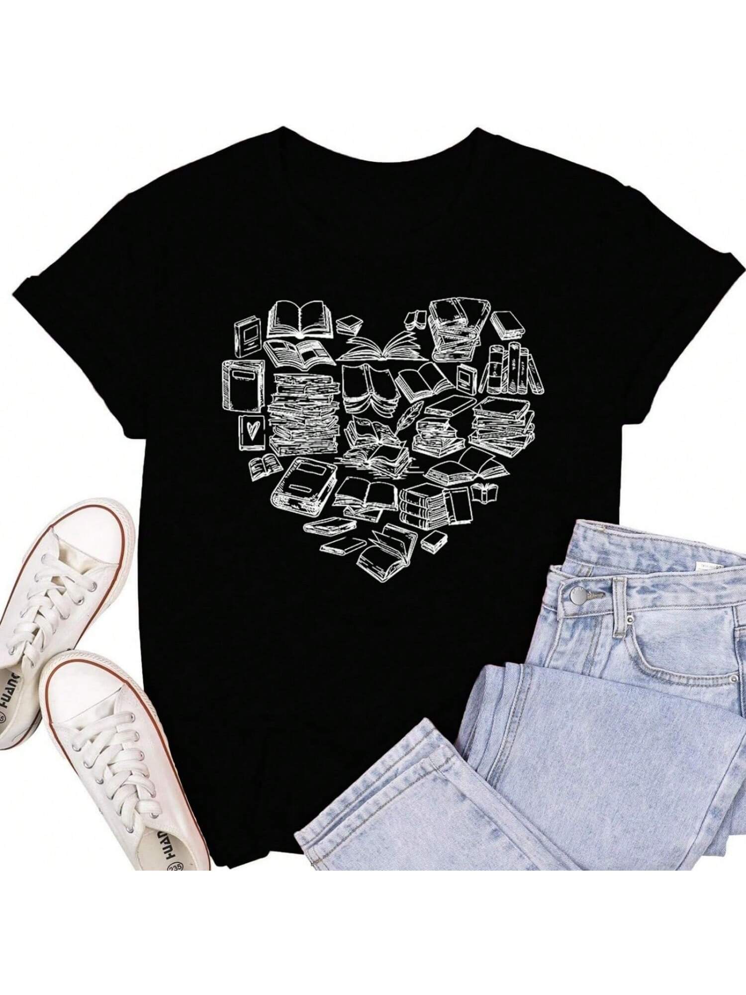 Wounisex Reading Shirts Book Lover Bookworms T-Shirt Book Heart Tops S разноцветный