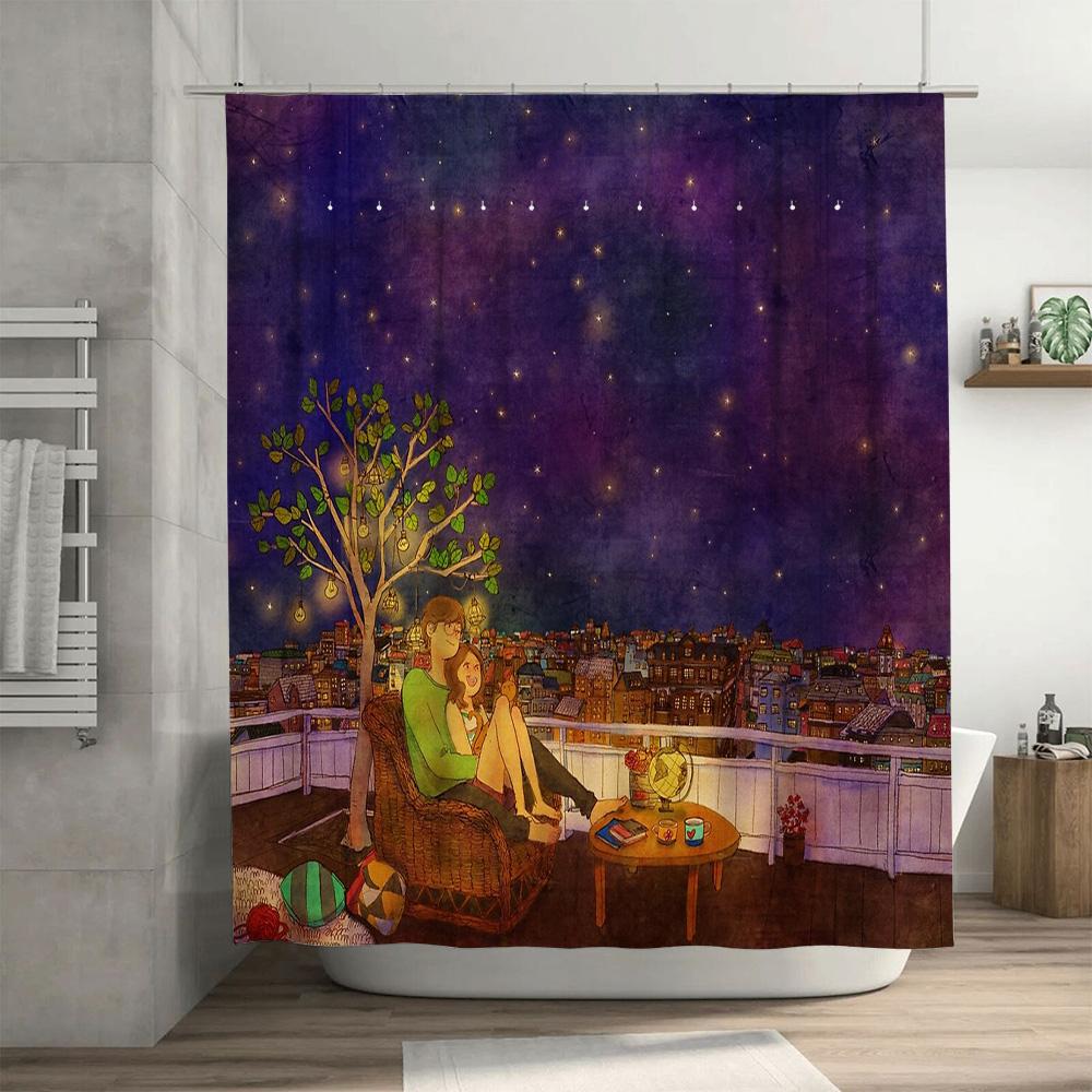 Anime Couple Landscape Shower Curtain Romantic City View Decor Bathroom Fabric Backdrop Wall Tapestry Home Decor