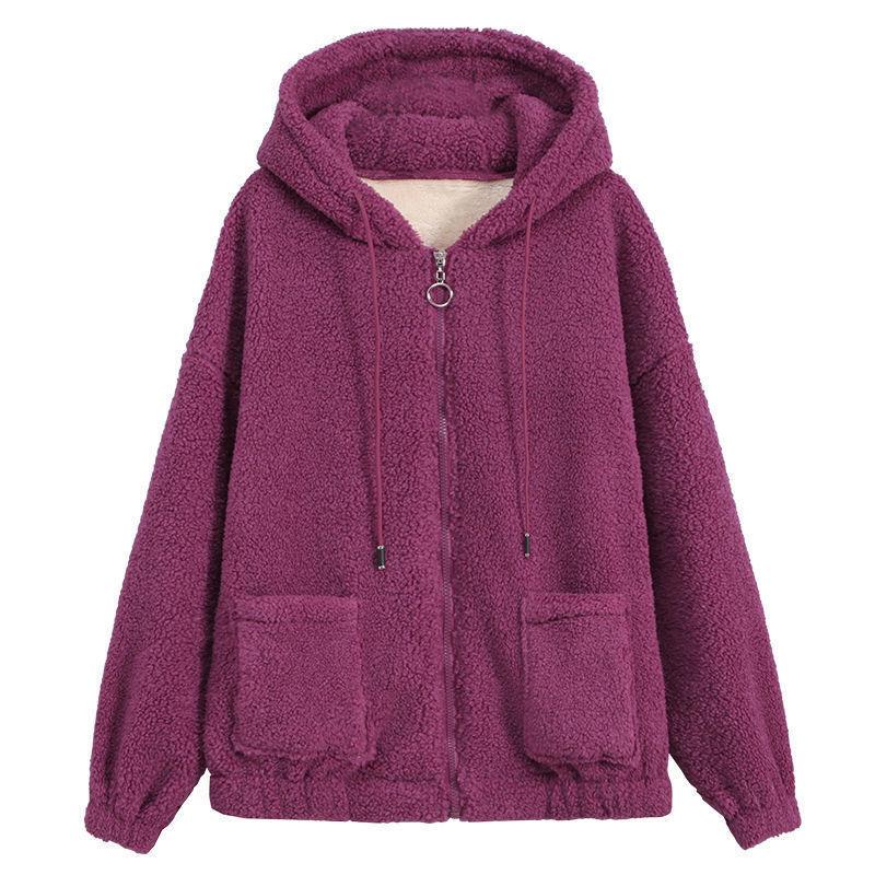 Winter Solid Color Loose All-match Zipper Cardigan Top Female Casual Simple Lamb Fleece Outwear Women Coat