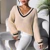 Damen S College-Stil Farbblock V-Ausschnitt Lockerer Freizeitpullover