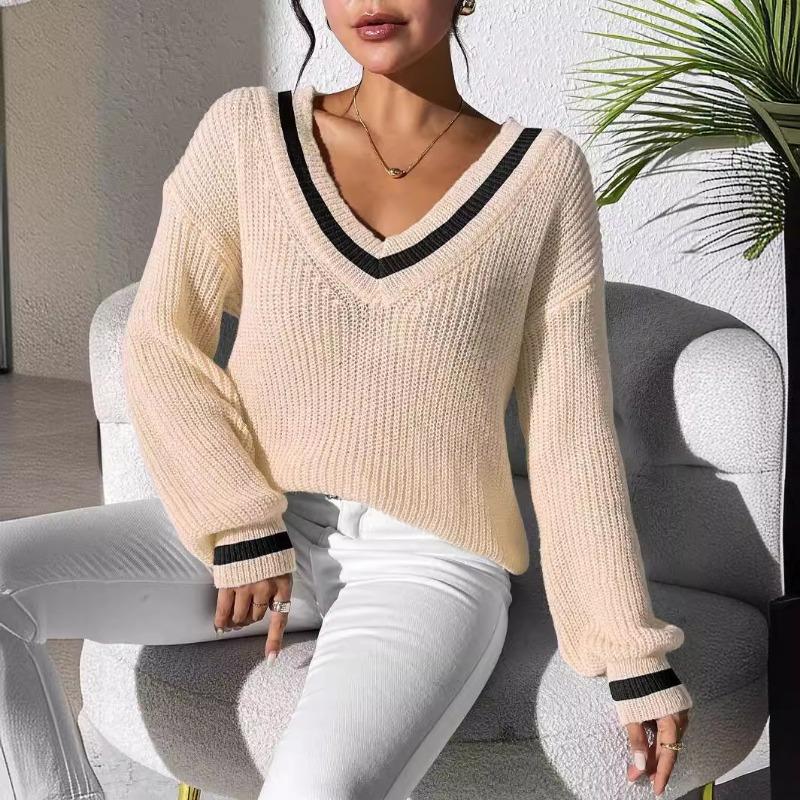 Damen S College-Stil Farbblock V-Ausschnitt Lockerer Freizeitpullover