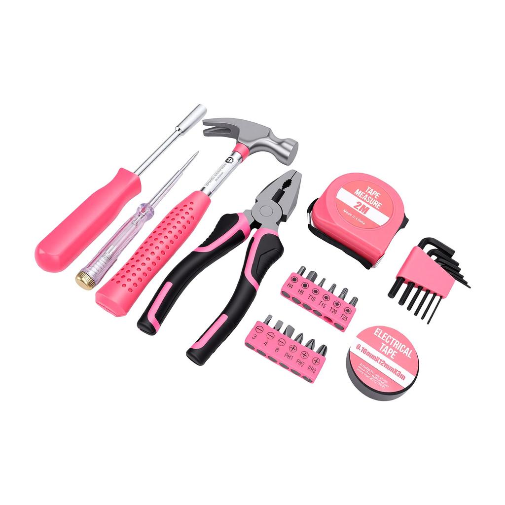 24-teiliges Mini-Werkzeugset mit rutschfestem Griff, Pink, Tragbares Handwerkzeug-Set für Frauen, Heimwerkerwerkzeug