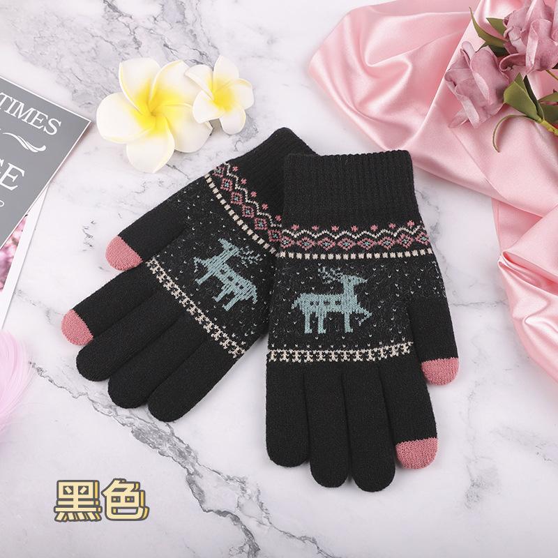 Double Gloves Deer Piled Thickened Christmas Cold Warm Knitted Wool Winter Outdoor Women's Gloves
