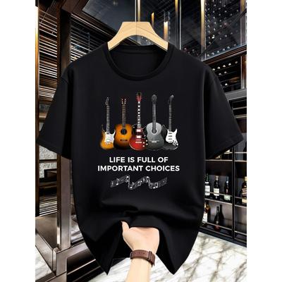 European Sizes Men's Round-neck Trendy, Simple, Creative and Cool Guitar Pattern Special Print Design Sense Pattern Casual Wear
