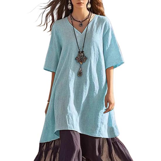 Damen Boho Patchwork Lockeres Kleid Lässiges V-Ausschnitt Kurzarm Swing Kleid Sommer Strandurlaub Sommerkleid