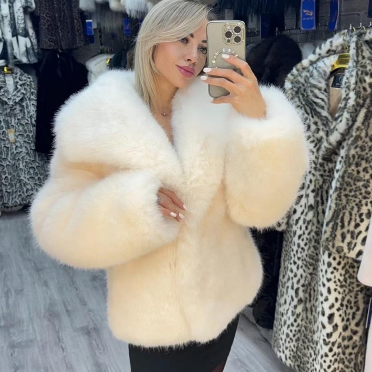 

VAYLA Women Elegant Large Lapel Fox Fur Coat Female Fluffy Casual Long Sleeve Jacket Autumn Winter Thick Warm Faux Fur Coat L