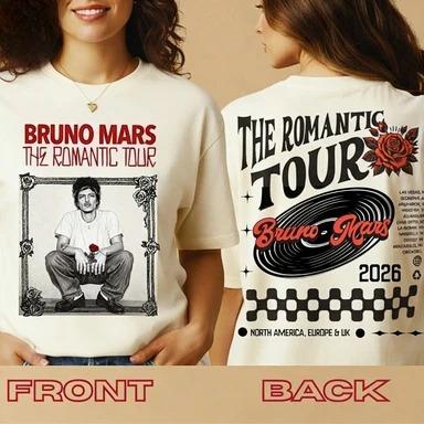 

Bruno Mars The Romantic Tour 2026 Rose & Vinyl Double-Sided Vintage Black T-Shirt | Pop Music Concert Fan Merch Tee S синій