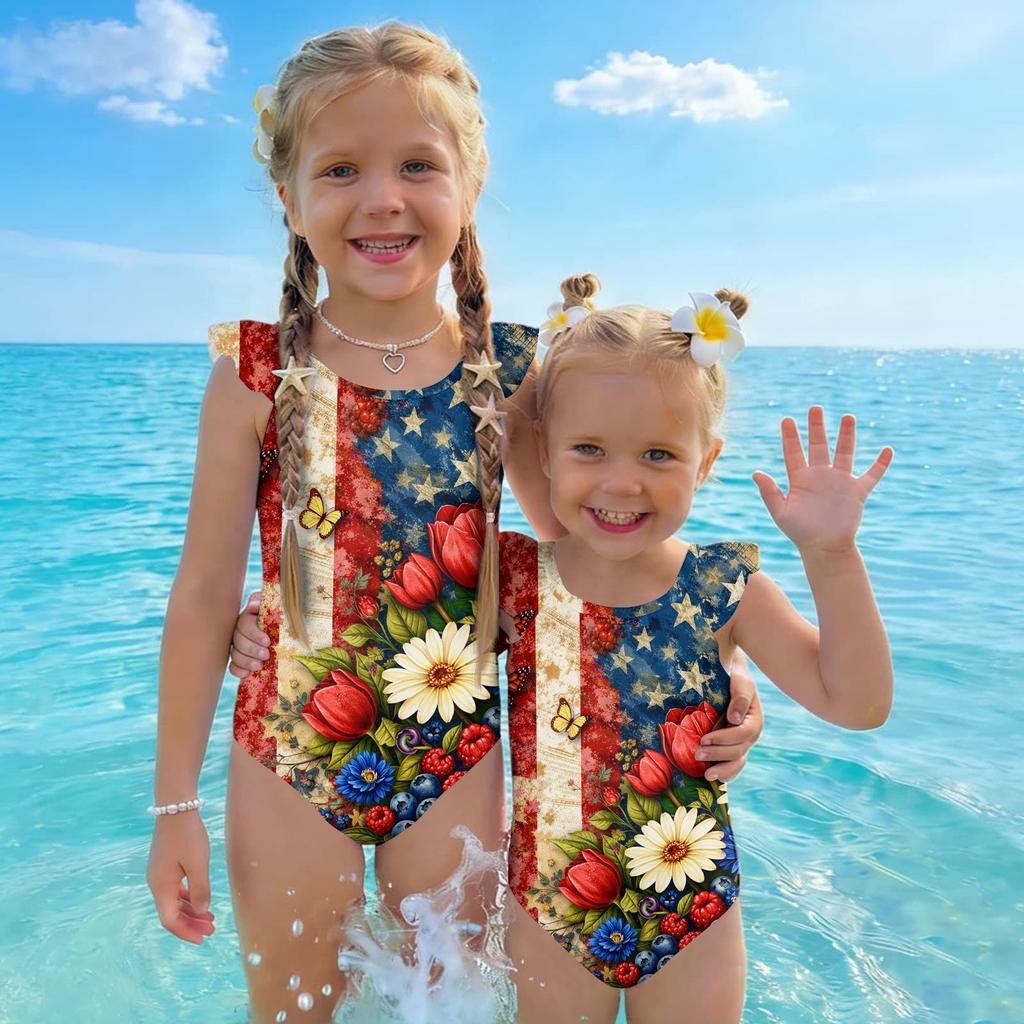 Girls One Piece Swimsuit Floral Print Sleeveless Summer Swimwear Kids Casual Comfortable Fit Soft Fabric Durable Stitching