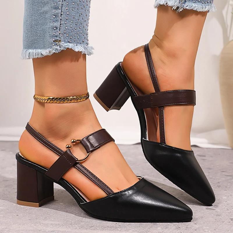 Fashion Elegant Pointed Toe Chunky Heel Sandals Women Summer Slingback High Heels Pumps Woman Fashion Thick Heeled Party Dress Sandalias