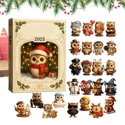 Owl Christmas Advent Calendar 2D Acrylic Animal Ornaments 24 Days Countdown Calendar Home Holiday Decor Tree Wall Hanging Gift