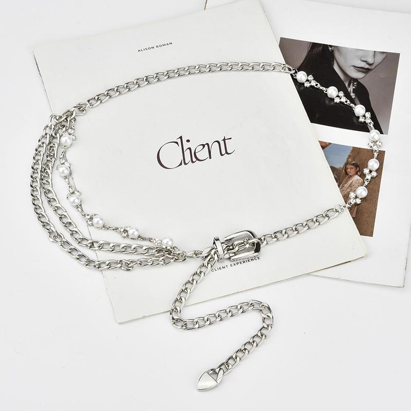 Needle Buckle Pearl Rhinestone Woven Metal Waist Chain Men and Women Hip-hop Fashion Light Luxury Dress Accessories Belt Women