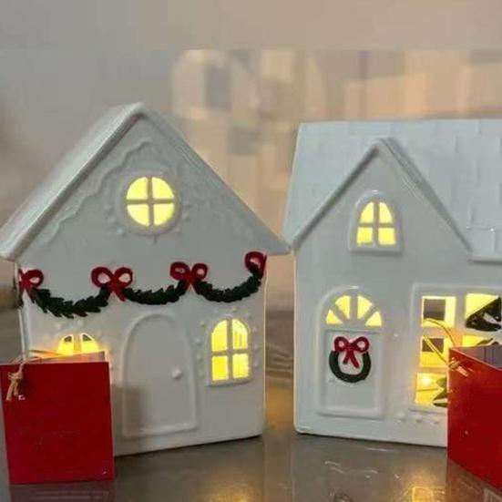 Christmas Mini Village House Figurine LED Lighted Winter Resin Town Cottage Tiny Desktop White House Ornament for Home Shelf Cabinet Table Decor