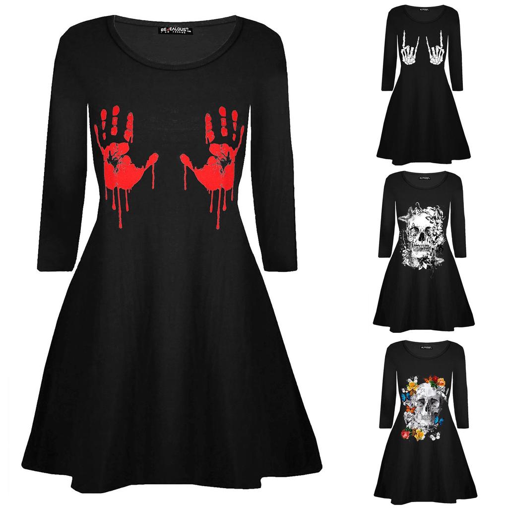 Модное женское платье на Хэллоуин с цифровым принтом и круглым вырезом ...