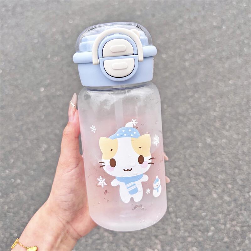 500ML Cute Cat Water Bottle With Lid Simple Straw Portable Plastic Cup For Kids Outdoor School Travel Drinking Water Bottles
