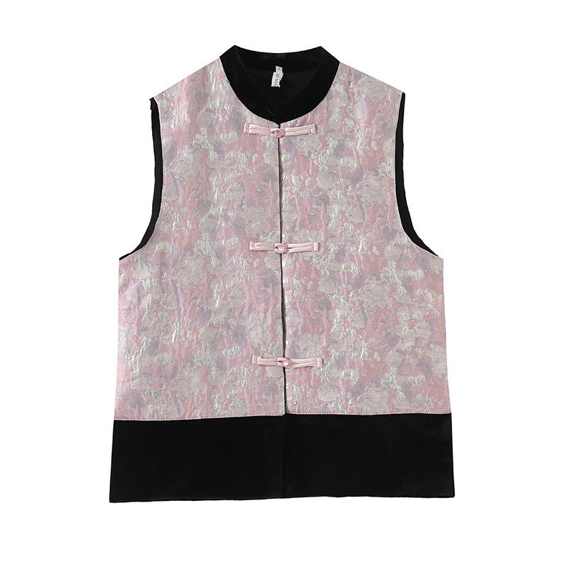 Early Spring 2025 Velvet Splicing Vest Retro Loose Crew Neck Jacquard Button Top