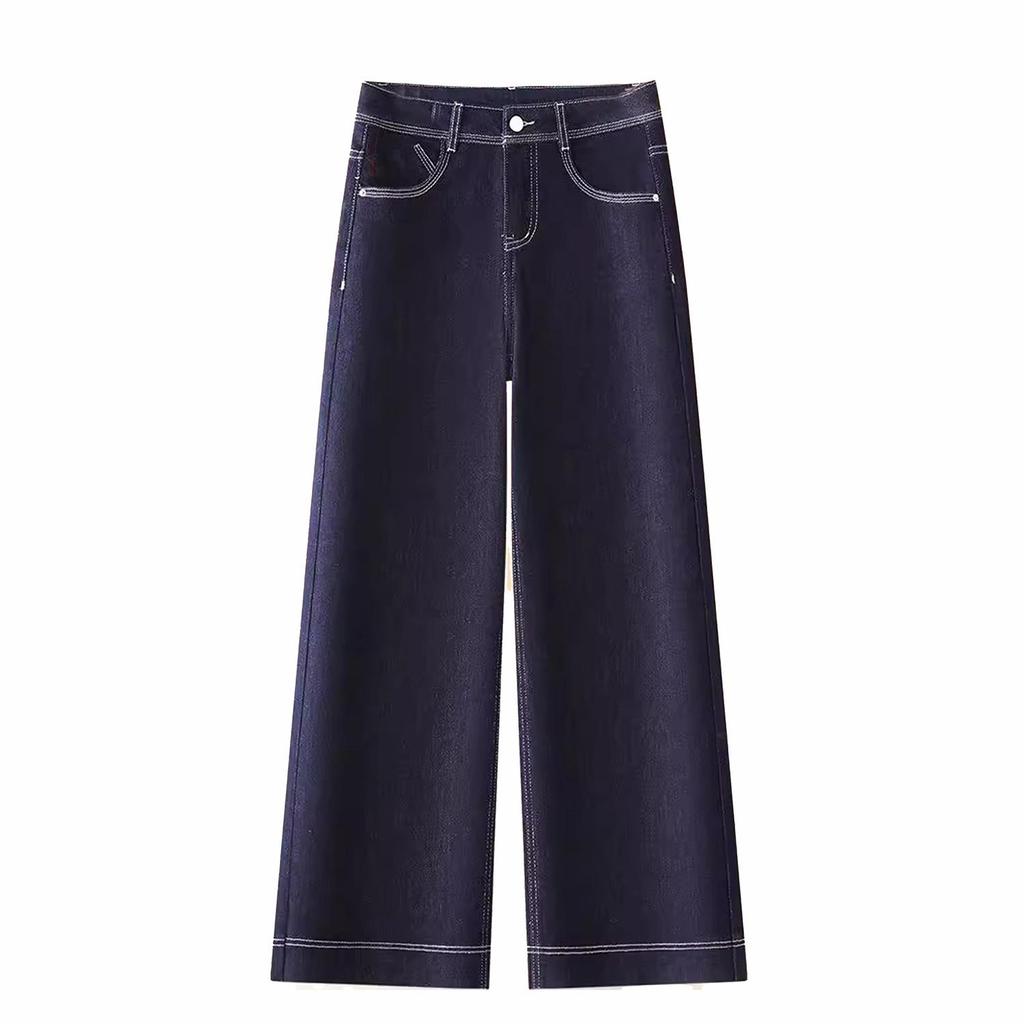 Women's Dark Blue High Waist Petite Retro Wide Leg Jeans - 2025 Spring & Autumn Collection