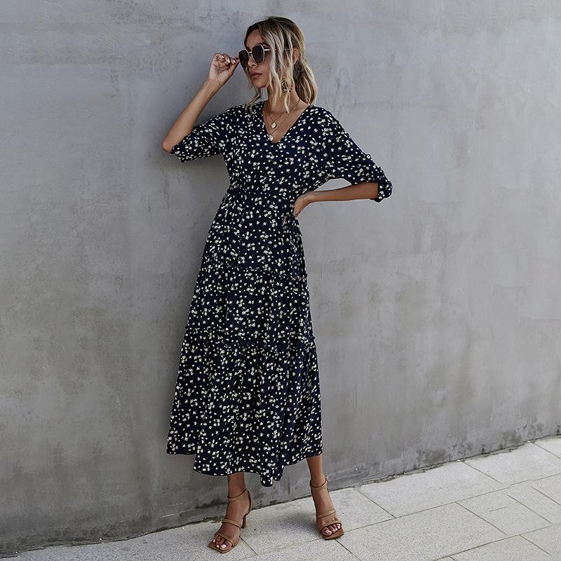 Sommer-Maxikleid mit Print, lang, schmal, V-Ausschnitt, hohe Taille, halbe Ärmel, Marineblau, SML XL