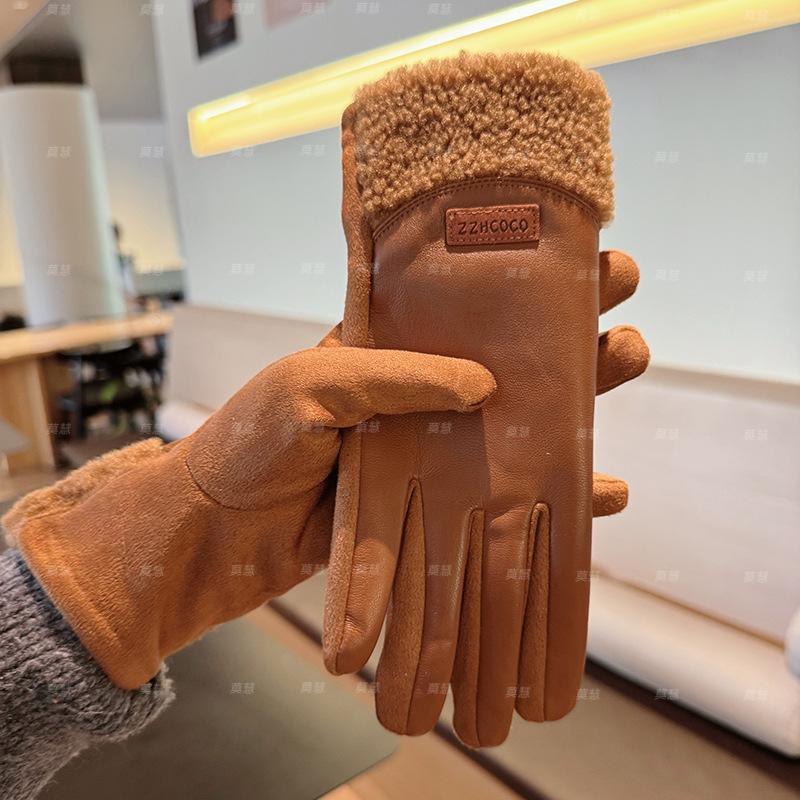 2025 leather gloves women's warm velvet thickened winter driving gloves