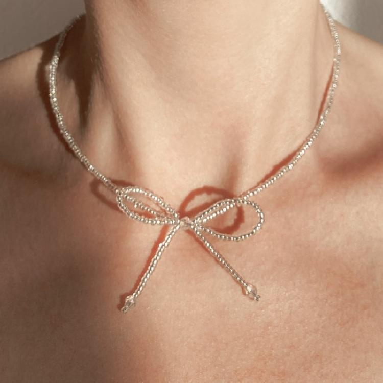 Bowknot Pendant Necklace Colorful Bow Beads Collarbone Chain Versatile Neckchain
